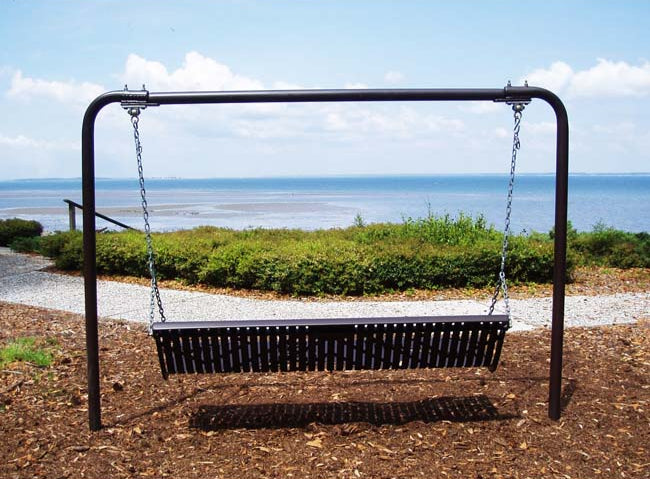 Model #PPS971S3M. Grand Contour outdoor bench swing. 6 foot, black, laser cut, direct bury.