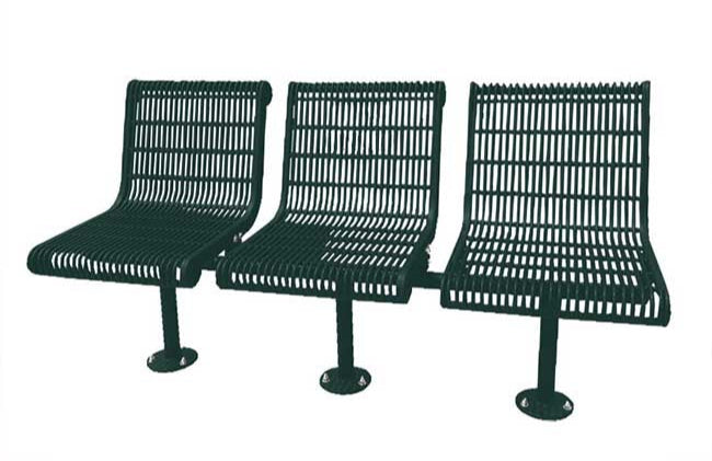 Model #PPS981307O66. Grand Contour 3 seat inline park bench with backrest. Evergreen, welded rod, surface mount.