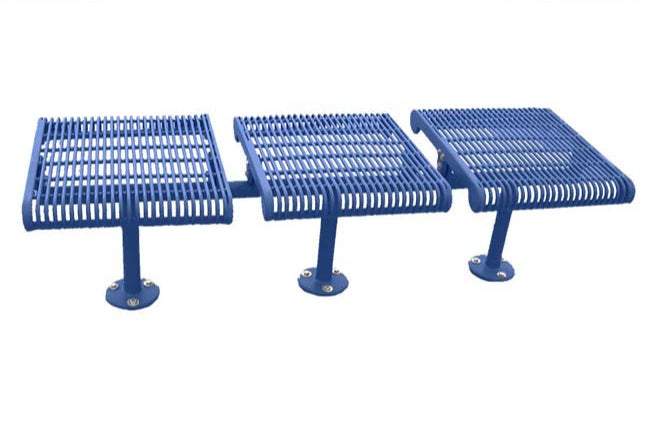 Model #PPS983307O22C. Grand Contour 3 seat inline park bench without backrest. Blue, welded rod, surface mount.