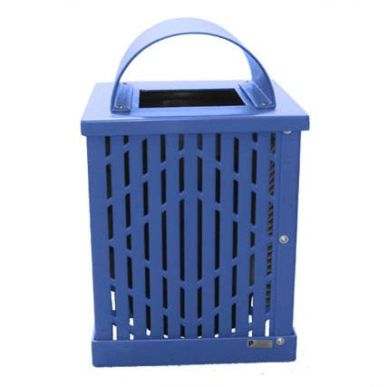 Model #PPS994031O22C. Blue, laser cut, 32 gallon square trash receptacle with arch lid and liner.