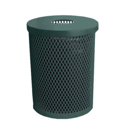 Model #PPS995131O66. Evergreen, expanded metal, 22 gallon round trash receptacle with flat lid and liner.