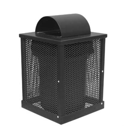 Model #PPS996051O99. Black, perforated steel, 55 gallon trash receptacle with arch lid and liner.