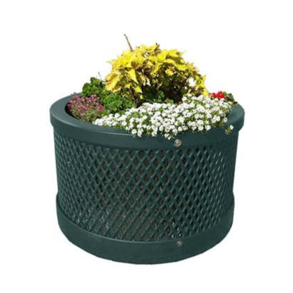 Model #PPS9PL102O66C. Outdoor round planter. 28" diameter, evergreen, expanded metal.