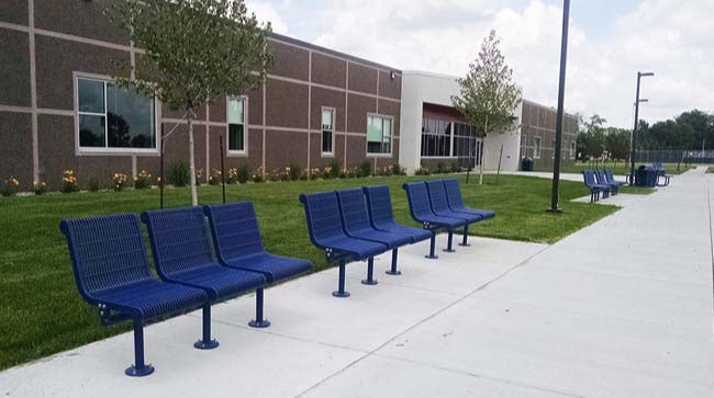 Model #PPS938302000. Grand Contour 3 seat inline park benches with backrest. Blue, welded rod, surface mount.