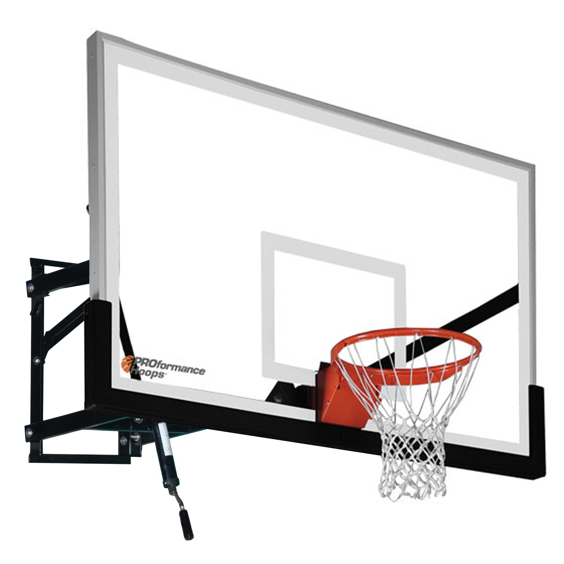 The PROformance Wall Mount Basketball Hoop features a clear glass backboard, orange rim, and white net, with a black metal support structure and height adjustment mechanism visible on the left side.