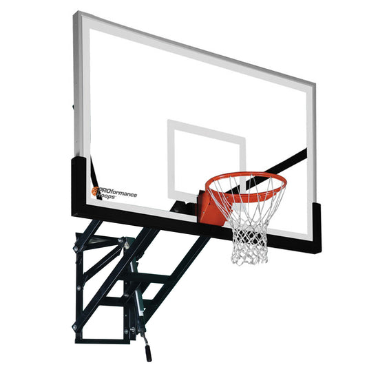 The PROformance Wall Mount Basketball Hoop features a glass backboard, orange rim, white net, durable black metal bracket, and smooth height adjustment for customizable play.