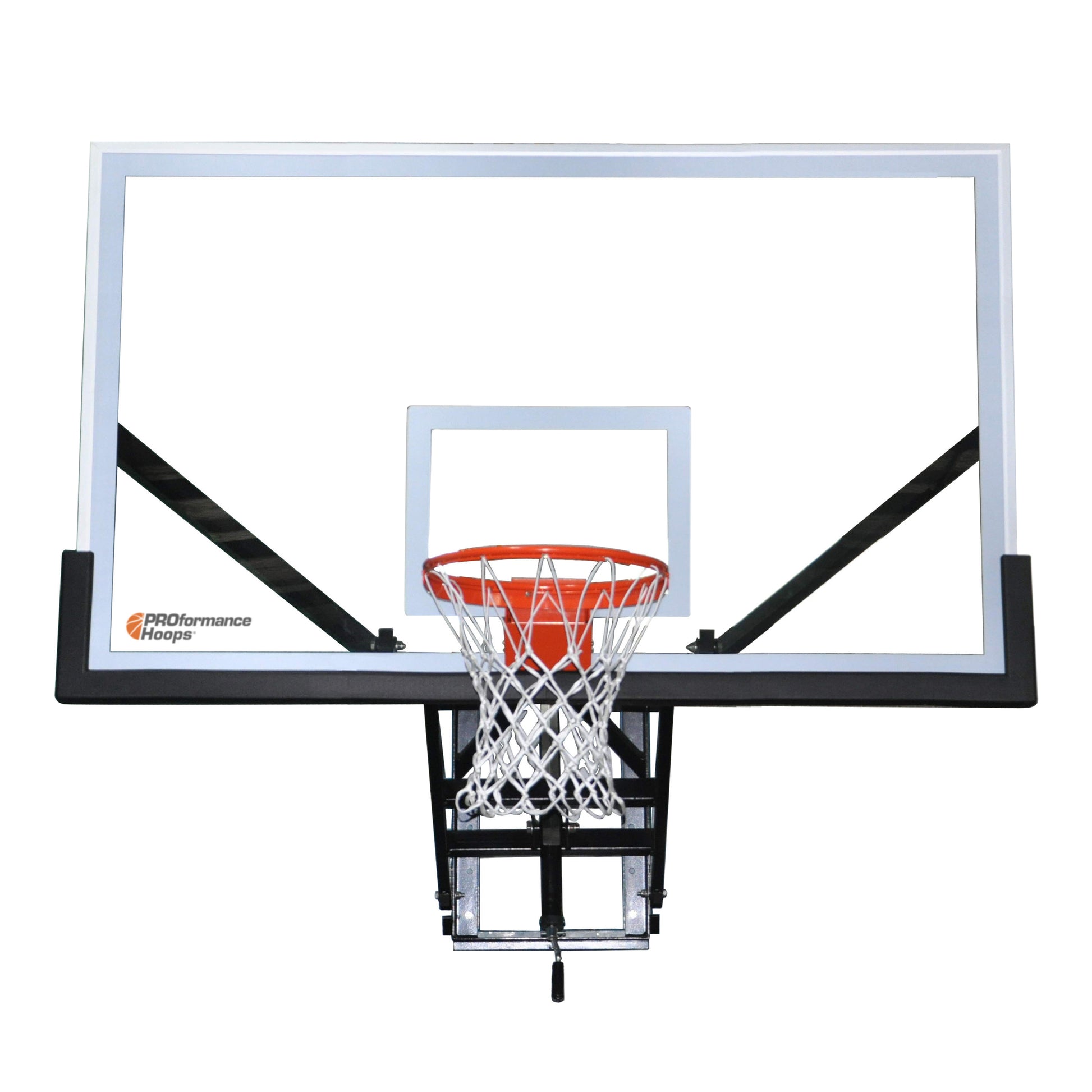 Front view of a clear PROformance Wall Mount Basketball Hoop with an orange rim, white net, and black braces; features the Proformance Hoops logo in the lower left corner. Ideal for adjustable wall-mount basketball systems.