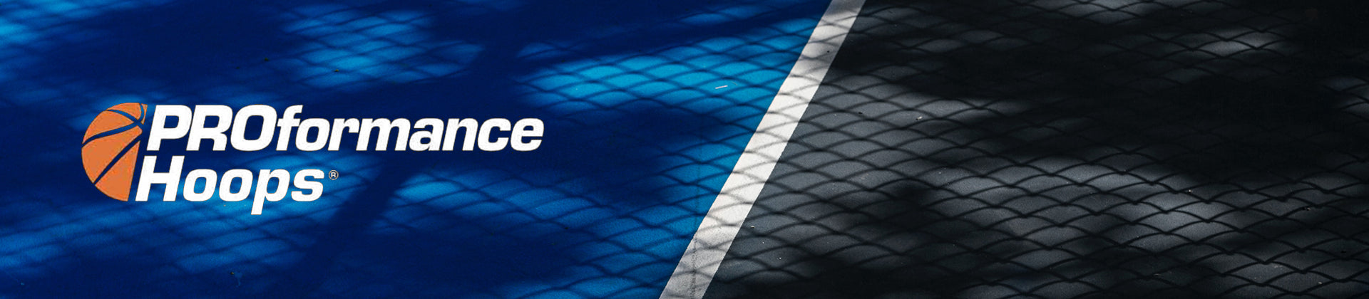 Blue basketball court with a white line, partially covered in a chain-link shadow. The PROformance Hoops logo with a basketball icon is visible on the left side of the court.