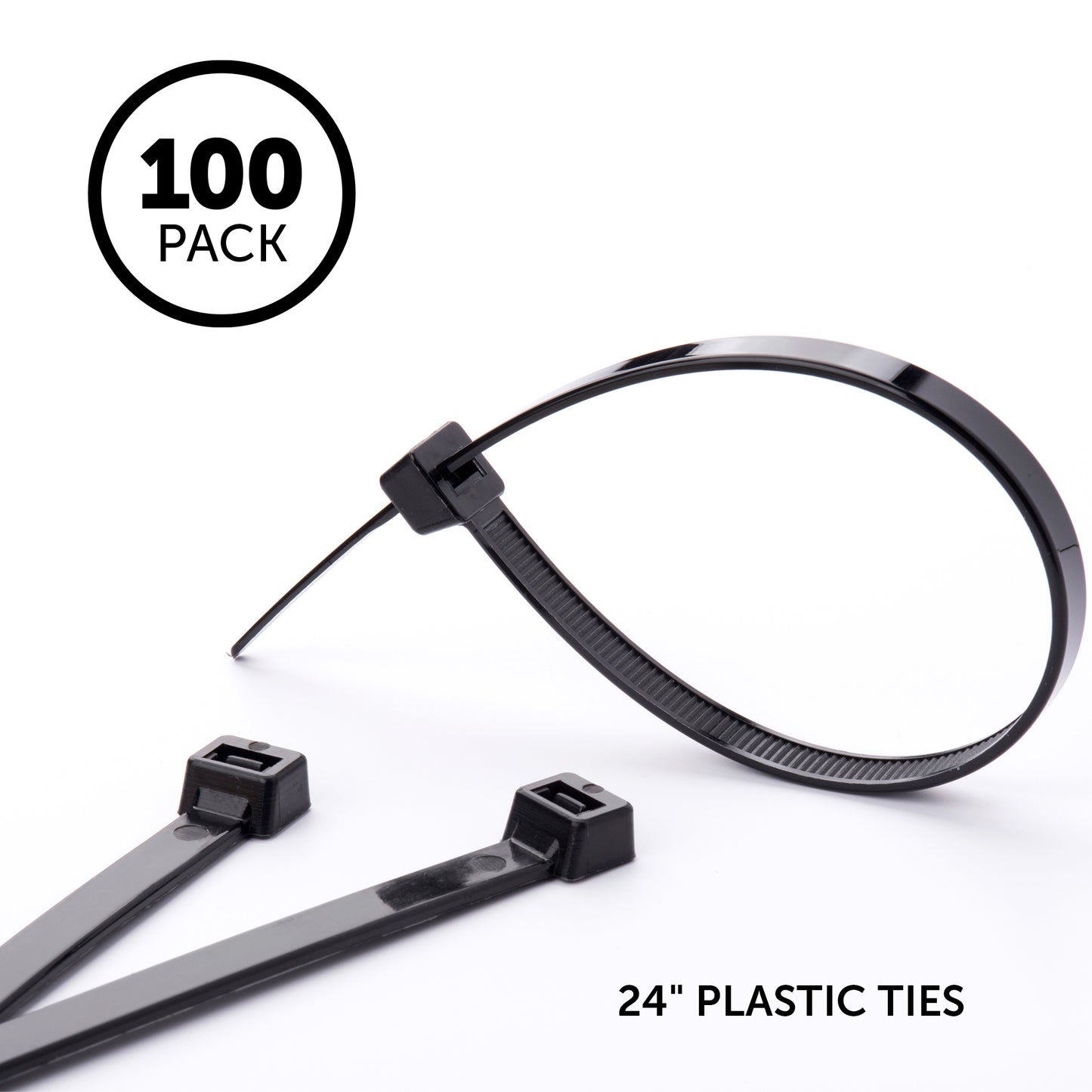 Three black 24" Plastic Ties—one looped and two flat—are shown on a white background with “100 Pack in a Circle” text, ideal for net securing and versatile organization.