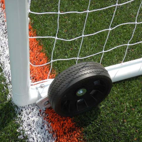 Model #PW2. Wheels on model #MSGC3RD824. 3" round aluminum soccer goal. Lowered side.