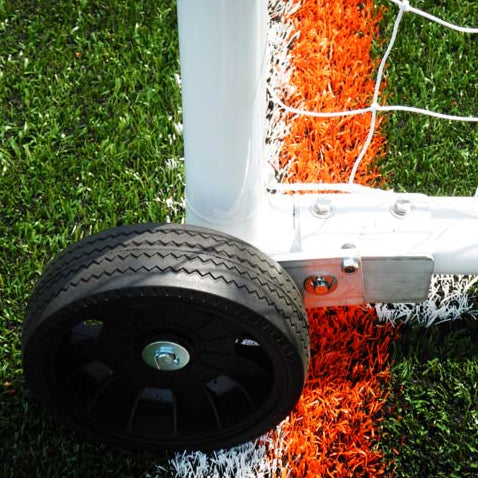Model #PW2. Wheels on model #MSGC3RD824. 3" round aluminum soccer goal. Raised side.