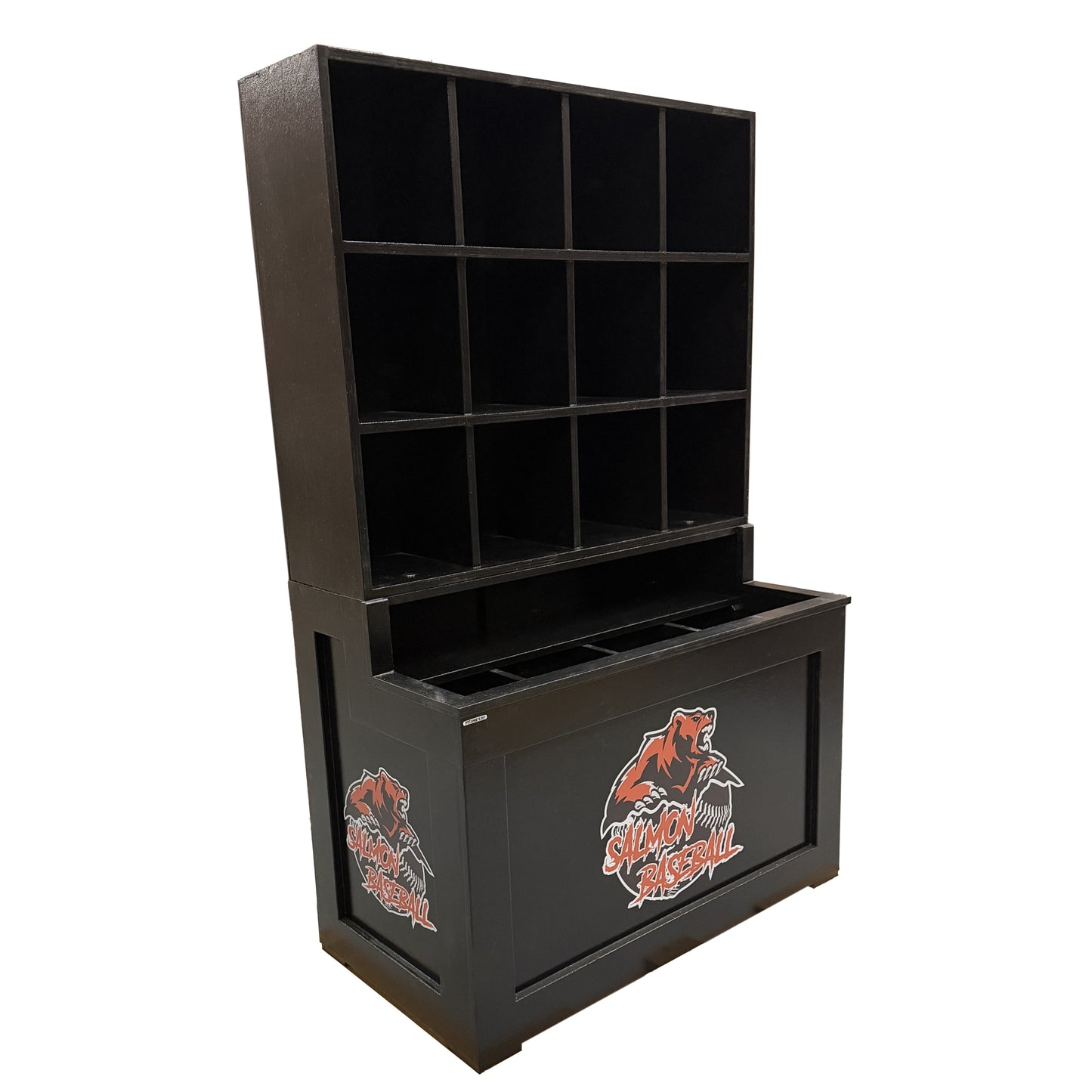 The Sergeant Major Dugout Helmet and Bat Rack is a black wooden storage unit with twelve compartments for helmets and four slots for bats, featuring a bear and football logo plus "MIDNIGHT FOOTBALL" on the front—ideal for baseball or softball organization.