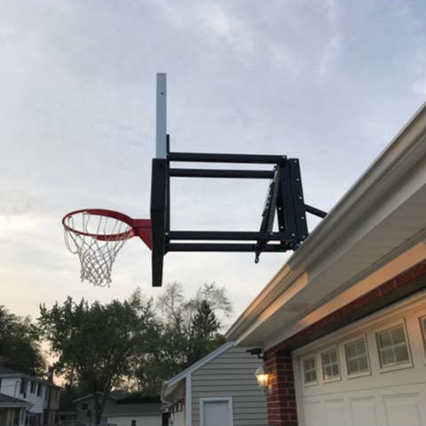 Roofmaster roof mount basketball hoop side view.