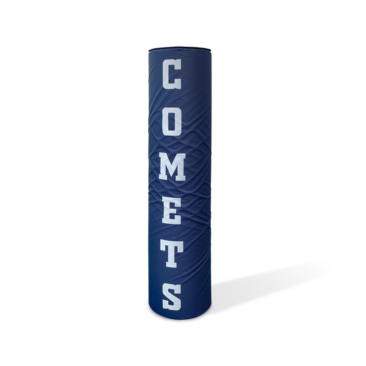 A blue Rugby Goalpost Pad made from durable polyurethane foam, with COMETS in large vertical white letters on a plain white pad.