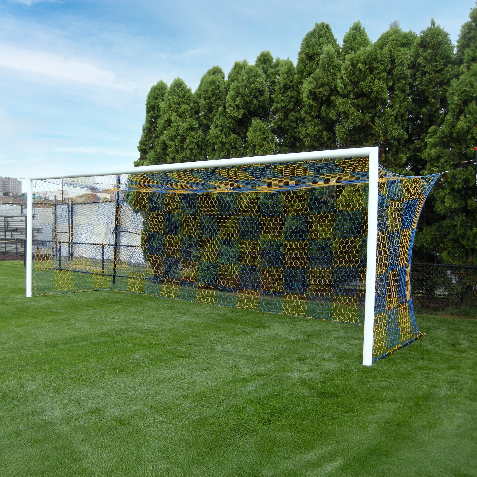 Model #S80. Stadium Cup soccer goal. Blue and gold checkered net.