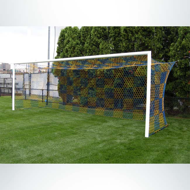 Model #S80. Stadium Cup soccer goal. Blue and gold checkered net.