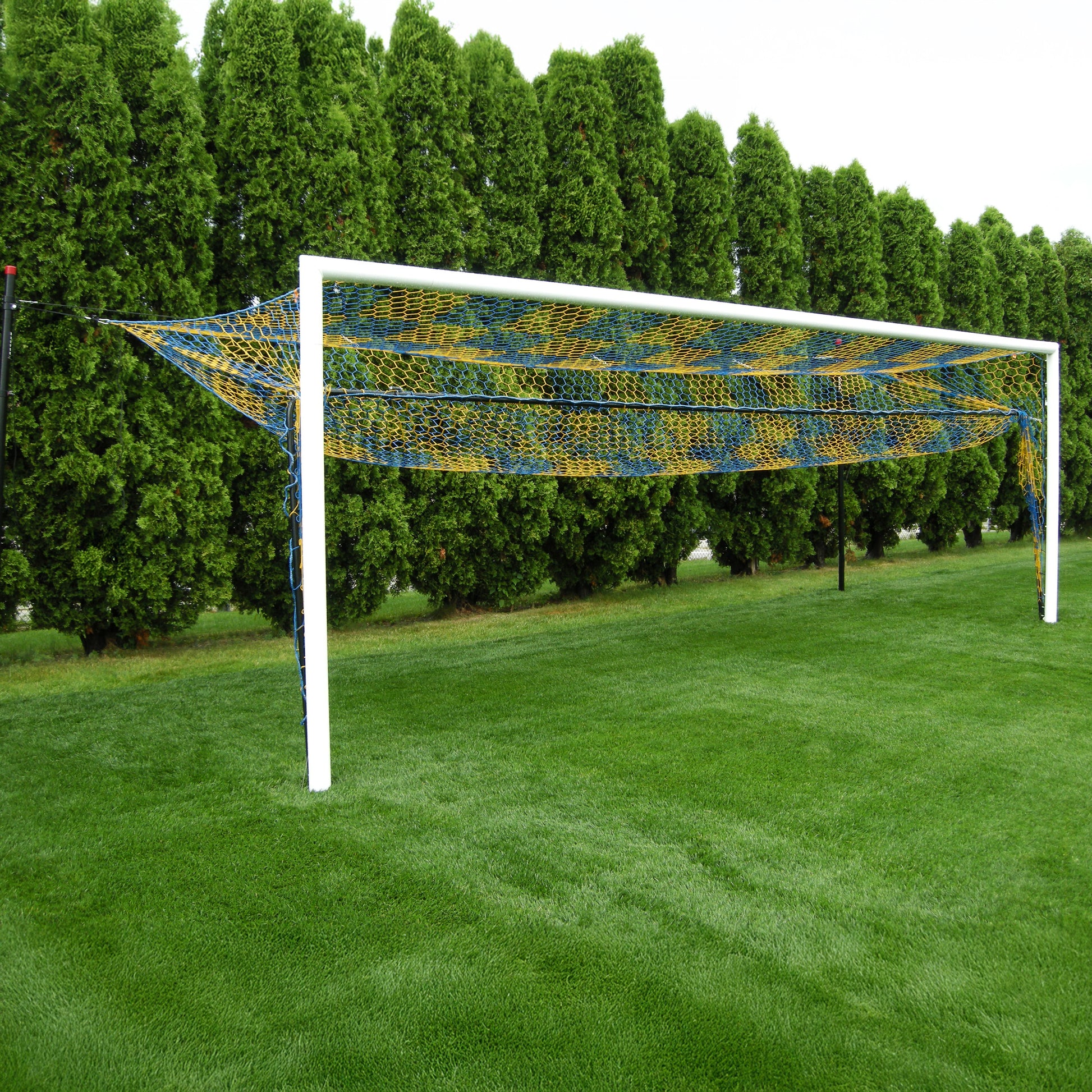 Model #S80. Stadium Cup semi-permanent box-style soccer goal. Net hinge bar to raise net.