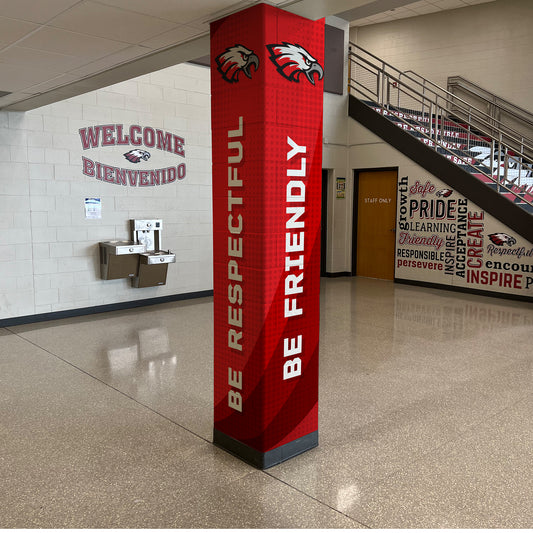 Custom vinyl pillar wrap with school logo.