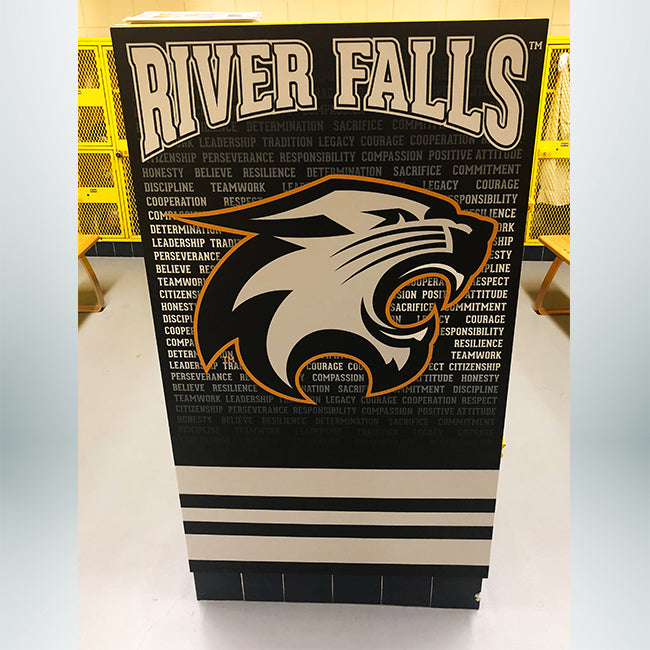 Locker room locker end caps with black and white graphics.