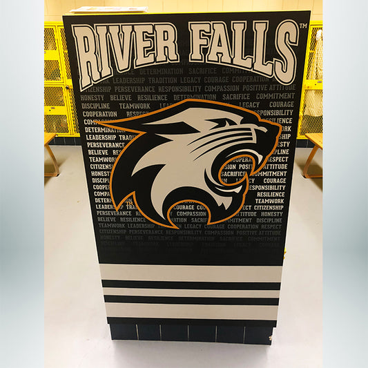 Locker room locker end caps with black and white graphics.