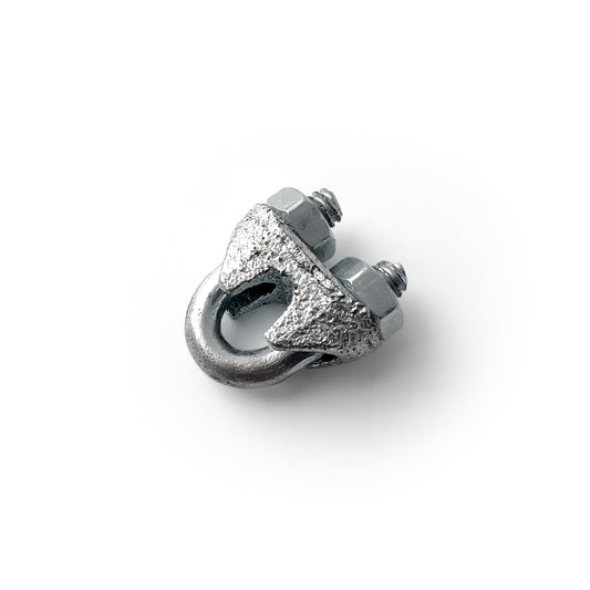 The Large Steel Cable Clamp, featuring two hex nuts and a U-bolt, is displayed on a white background.