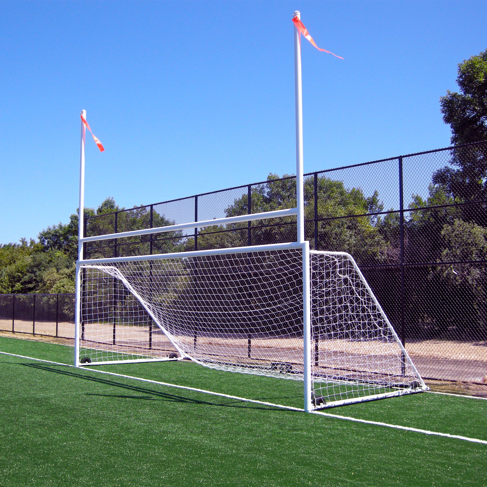 Custom soccer and rugby combination goal with wheels.