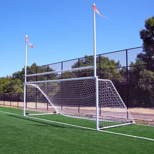 Custom soccer and rugby combination goal with wheels.