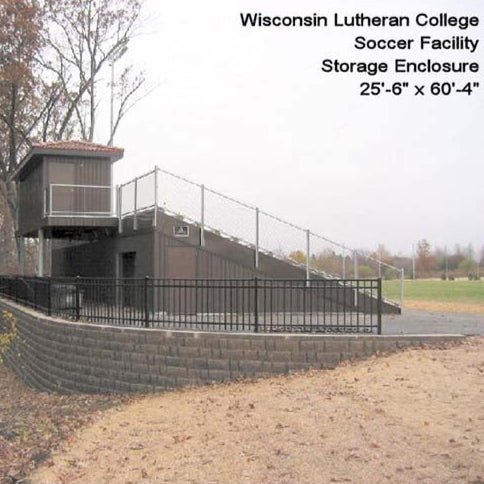 Water tight storage enclosures under stadium and press box.