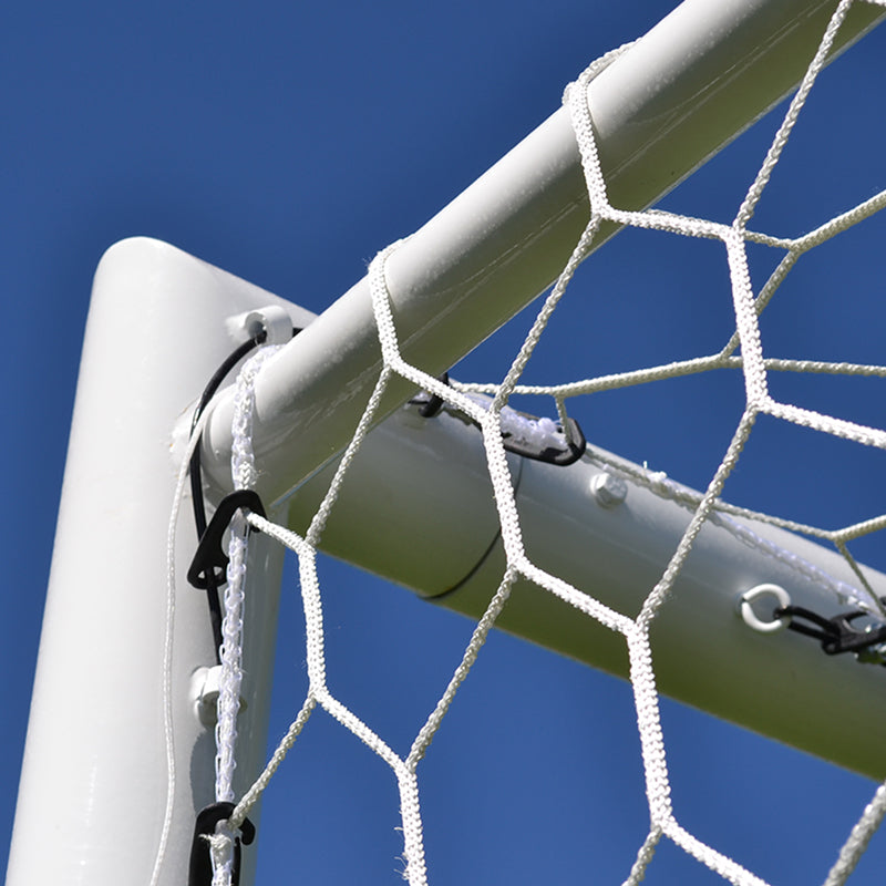 Close-up of the top corner of an Ultimate Wheeled Box-Style Soccer Goal, showing detailed netting and sturdy metal frame against a clear blue sky. The textures of the goal’s construction are clearly visible.