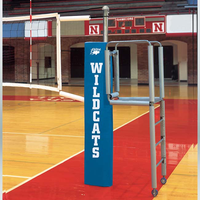 Model #VB2000XX. Bison centerline elite steel hybrid volleyball system. Pole pad with logo.