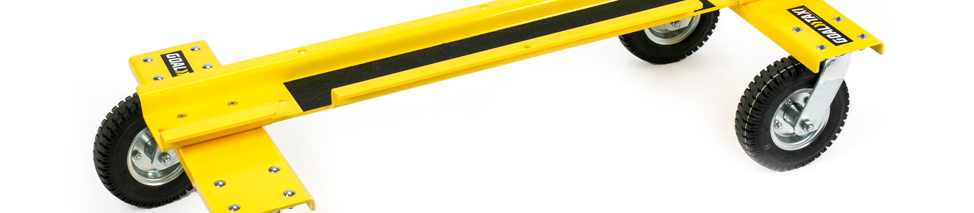 A yellow, metal, rectangular dolly with four black rubber wheels and a black strip along the top, used for moving heavy objects.