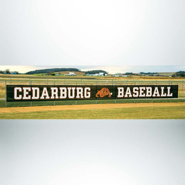 Windscreen with custom logo on baseball stadium fence.