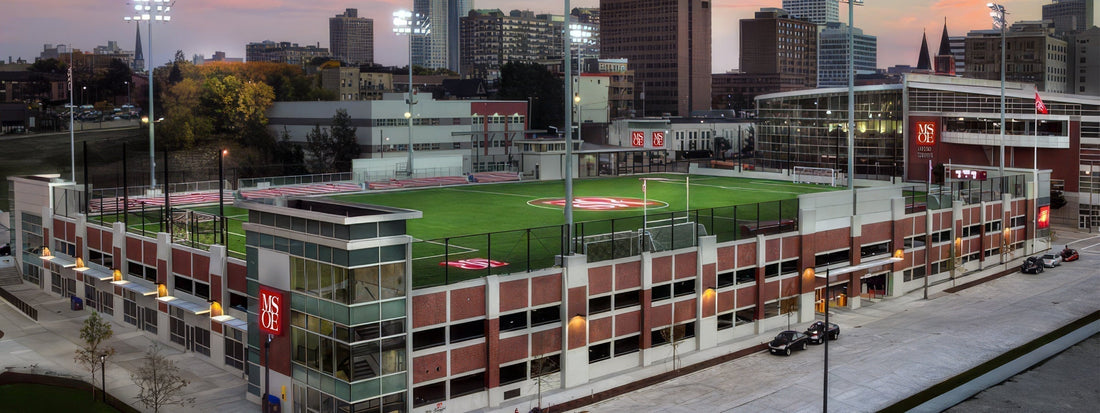 Aerial view of Viets Field at MSOE featuring Keeper Goals' soccer goals, lacrosse goals, team shelters, and netting in downtown Milwaukee