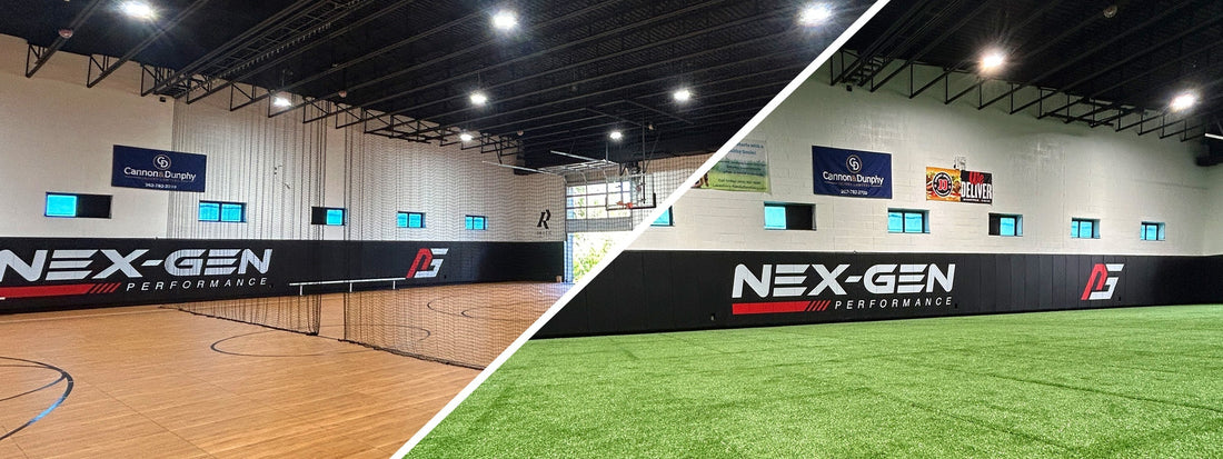 Multi-sport court at Nex-Gen Performance Sports Complex featuring custom wall padding, divider netting, and modular turf flooring installed by Keeper Goals