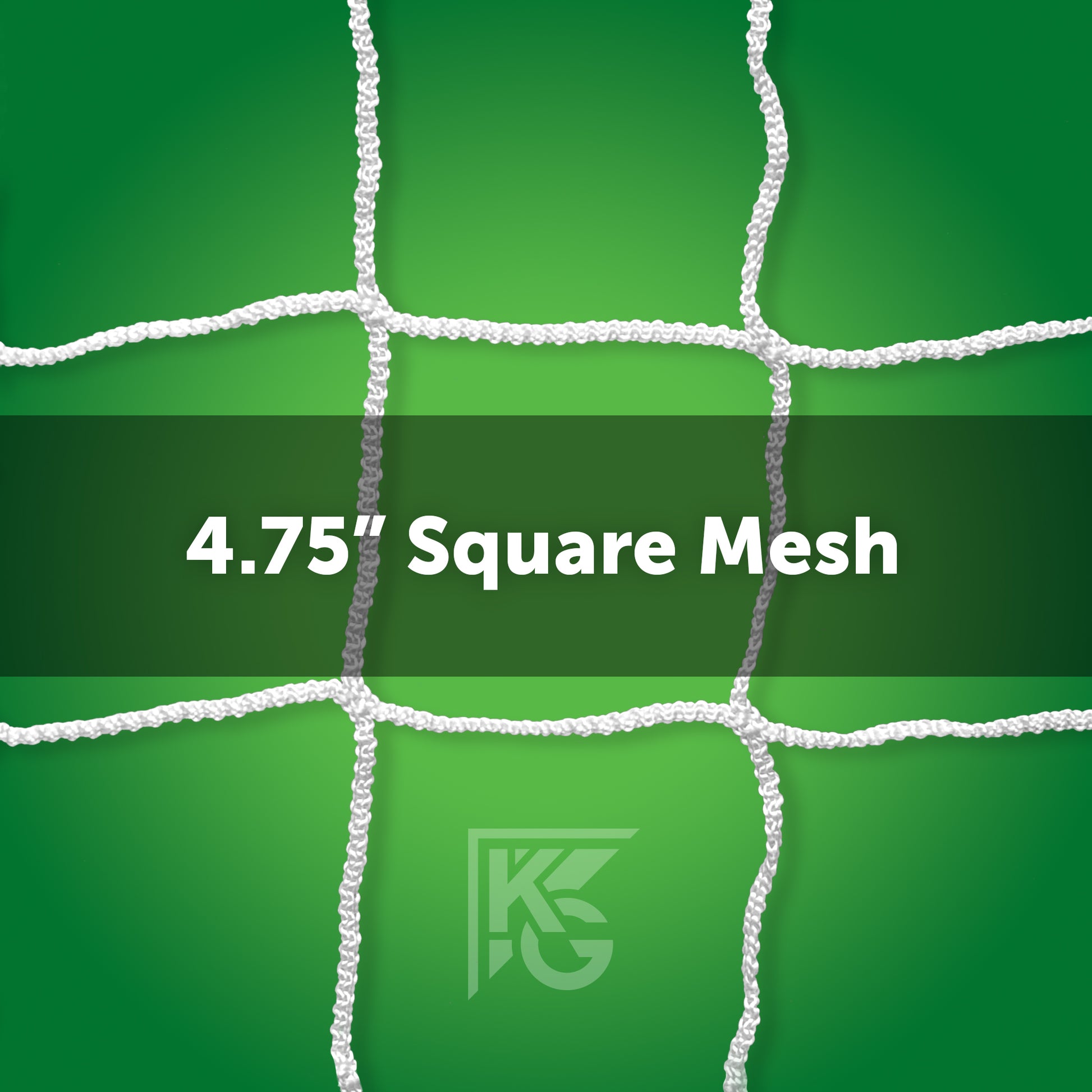 White 7 x 21 soccer net with durable 5mm HTPP, featuring a 4.75-inch square mesh design on a green background. 4.75 Square Mesh text at center, faint KG logo at the bottom. Fits goals with depth: 3T - 7B; perfect for soccer use.