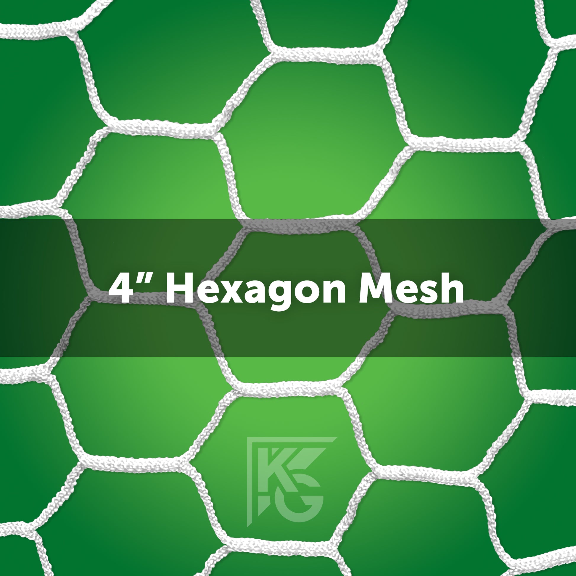 White hexagonal mesh net with 4-inch openings on a green background. 8 x 24 Box Soccer Nets (Depth: 66\T - 66\B) HTPP 4mm is centered over the mesh, with a faint KG logo below—ideal for box-style goals.