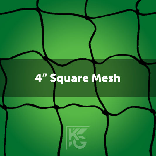 Green background with a black, irregular HTPP mesh pattern like those in small-sided soccer goals. Bold white 4 x 6 Soccer Nets (Depth: 0T - 3B) HTPP 3mm at center; faint KS logo at the bottom.