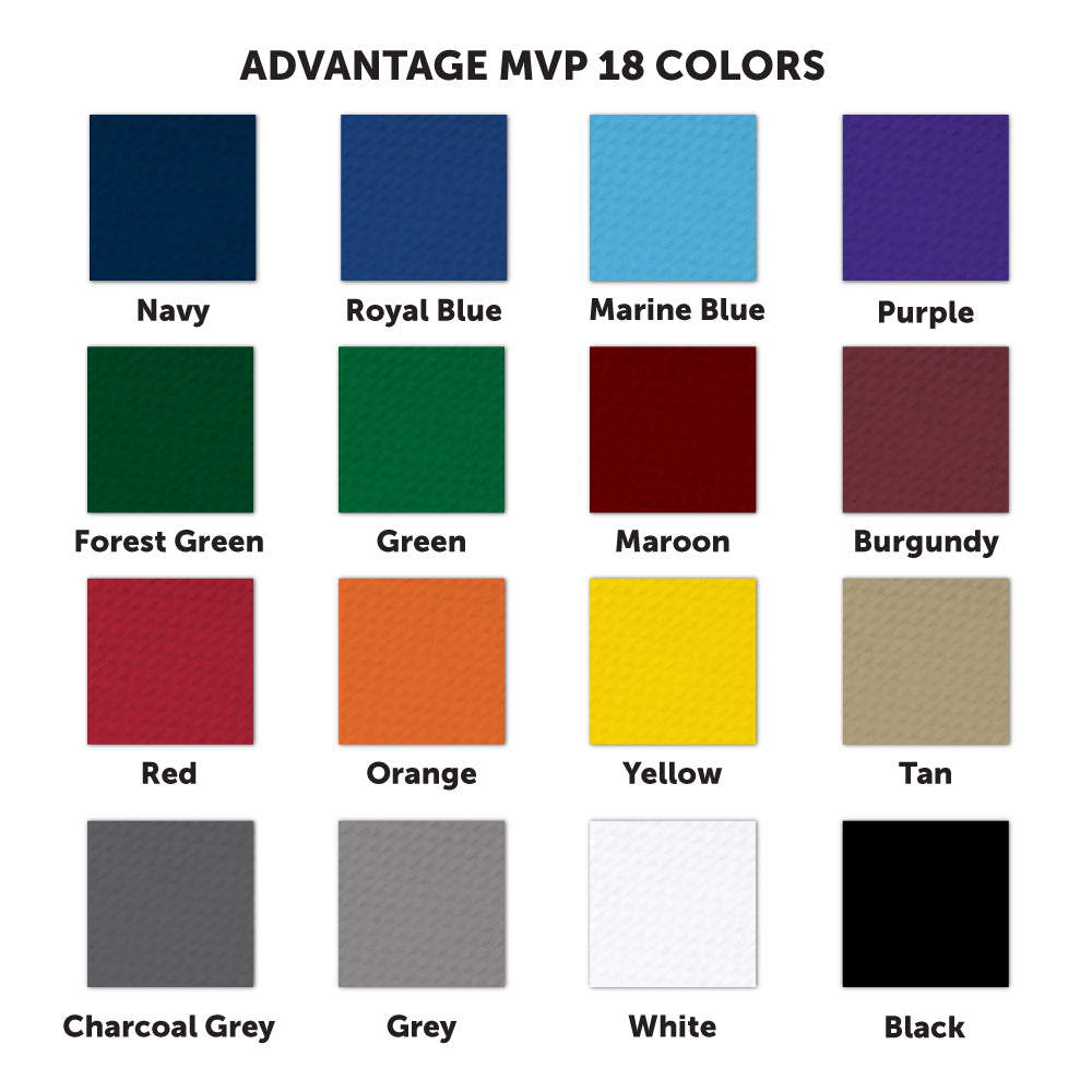 A grid shows 16 color swatches for Rugby Goalpost Pads, ideal for customizing your pads with colors like Navy, Royal Blue, Green, Maroon, Burgundy, Red, Orange, Yellow, Tan, Charcoal Grey, Grey, White, and Black.