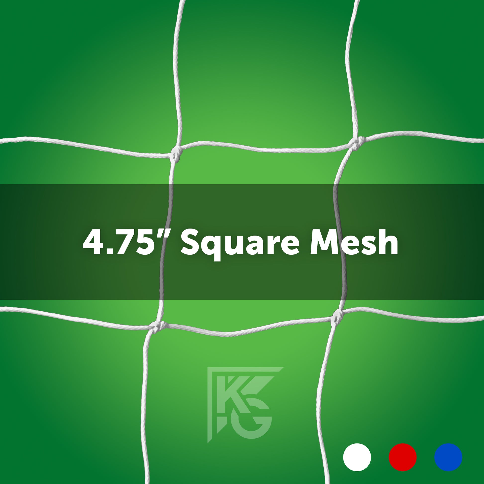 8 x 24 Soccer Nets (Depth: 4T - 8B) PE 4mm in white with 4.75-inch square mesh and durable 4mm braid, set on a green background. “4.75” Square Mesh” text in center; white, red, and blue dots at bottom right; faint logo below.