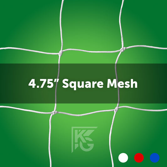 8 x 24 Soccer Nets (Depth: 4T - 8B) PE 4mm in white with 4.75-inch square mesh and durable 4mm braid, set on a green background. “4.75” Square Mesh” text in center; white, red, and blue dots at bottom right; faint logo below.