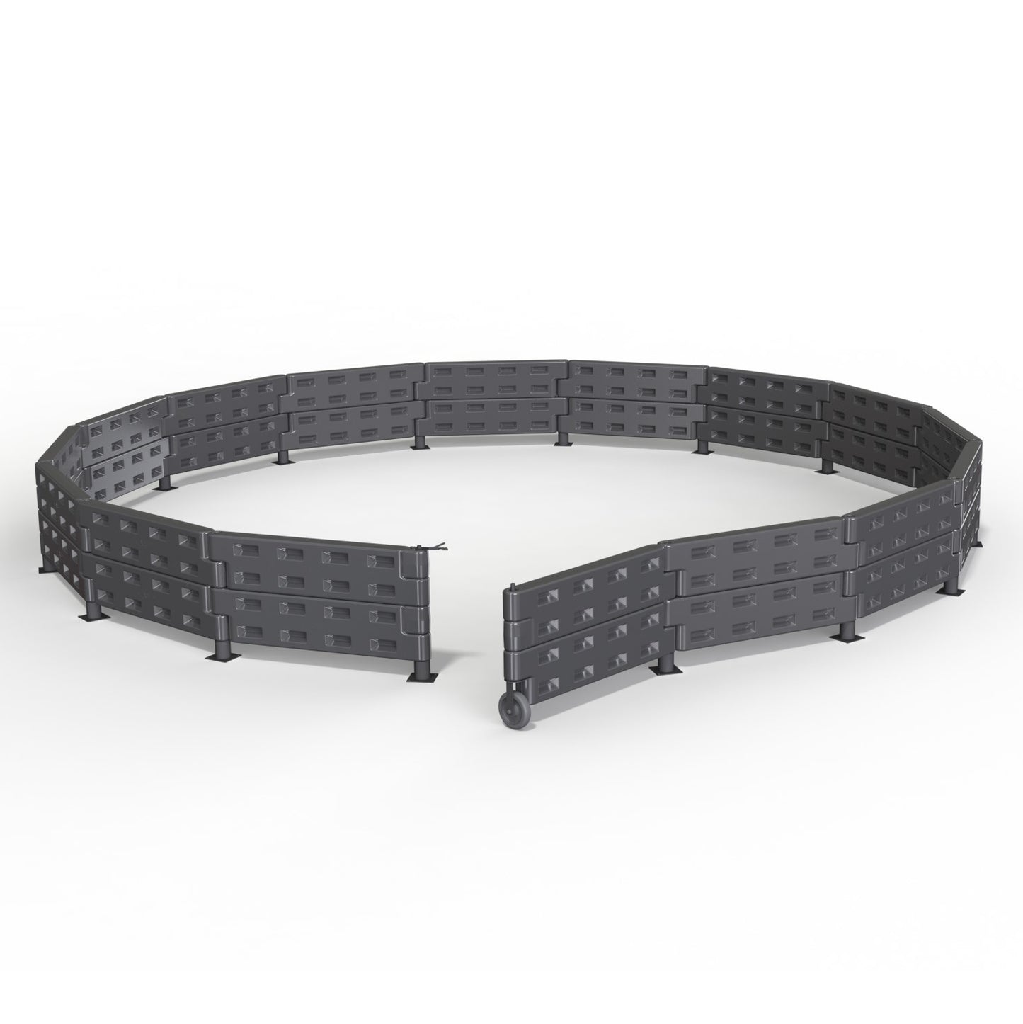 The APS Premium Gaga Ball Pit | With ADA Gate features dark gray, modular panels with small rectangular openings, forming a circular, enclosed area. Some sections have wheels for mobility, and the design is ADA-compliant for accessibility.