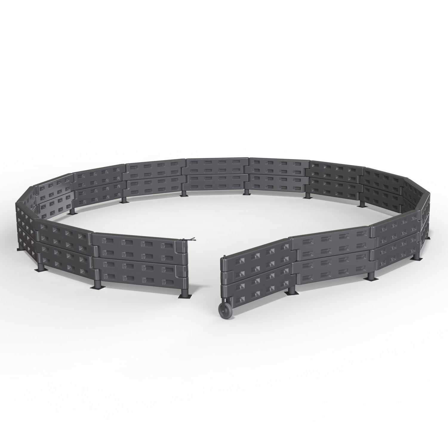 The APS Premium Gaga Ball Pit | With ADA Gate features dark gray, modular panels with small rectangular openings, forming a circular, enclosed area. Some sections have wheels for mobility, and the design is ADA-compliant for accessibility.