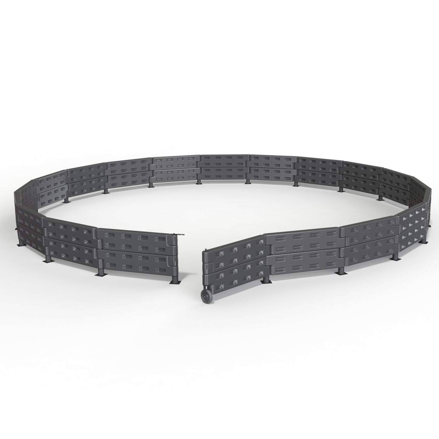 The APS Premium Gaga Ball Pit | With ADA Gate features a large, circular black plastic barrier with vented panels, support legs, and wheels for easy mobility. This ADA-compliant pit is ideal for inclusive playground games.