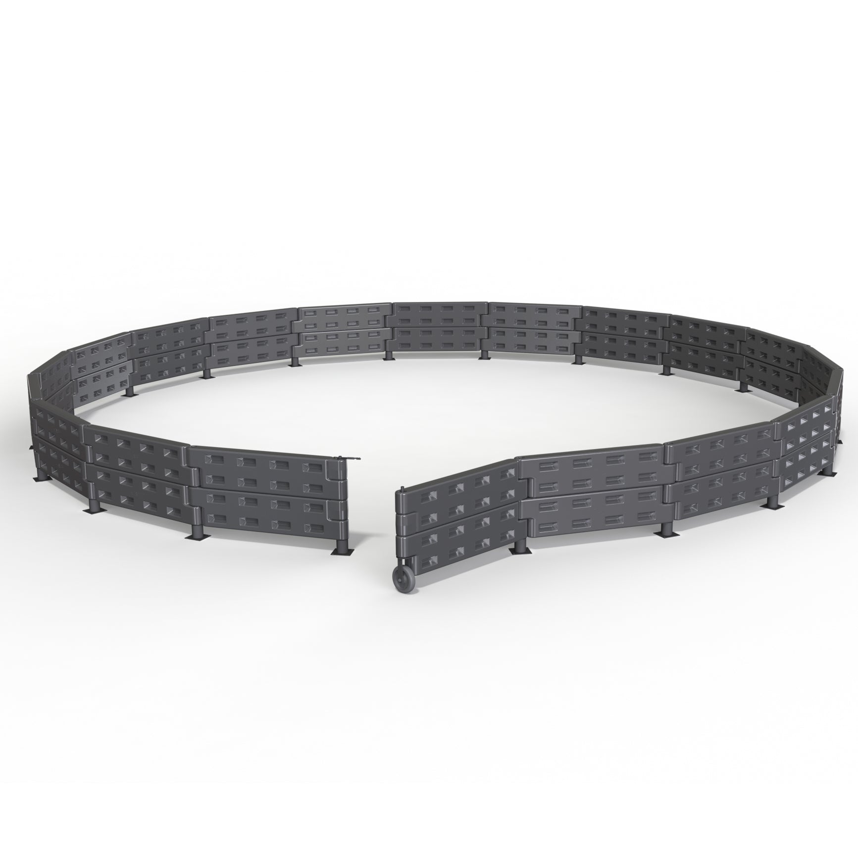 The APS Premium Gaga Ball Pit | With ADA Gate features a large, circular black plastic barrier with vented panels, support legs, and wheels for easy mobility. This ADA-compliant pit is ideal for inclusive playground games.