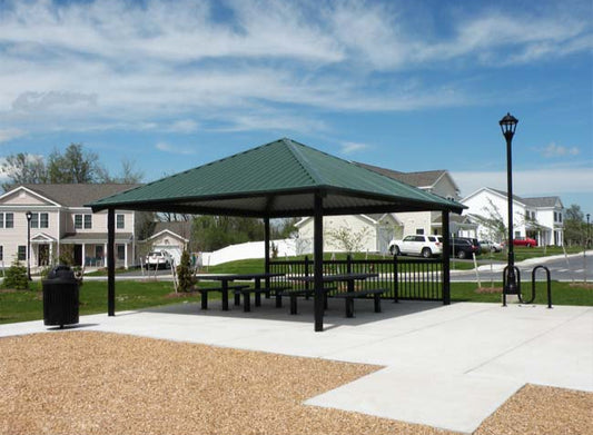 Model #RCPASSQ20-06. 20'x20' all steel square hip park shelter.