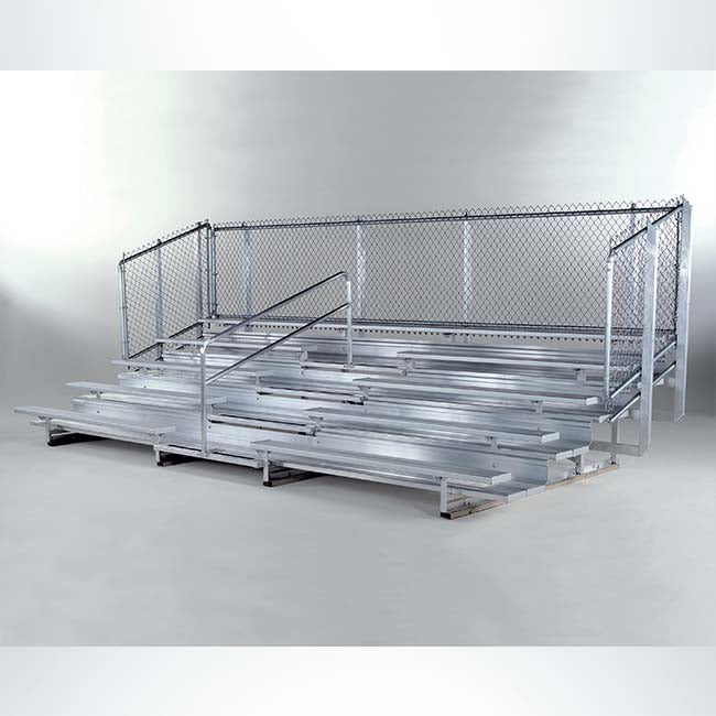 Model #B5R151GR. 5 row aluminum bleacher with guardrail and backrest.