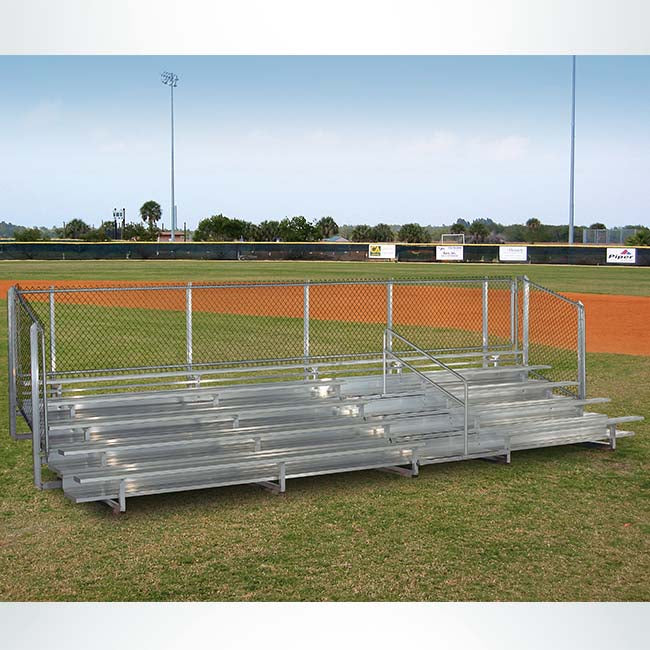 Model #B5R25A1GR. 5 row 25' aluminum bleachers. IBC compliant with guardrail.