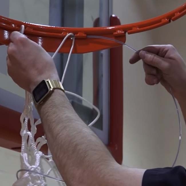 Model #BA35E. Hideaway net on the Bison Elite Plus breakaway basketball goal.