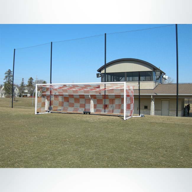 Back-up net behind Wheeled Stadium Cup goal with red and white checkered net.