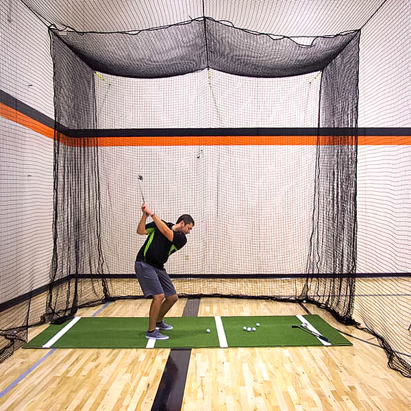 Model #BCTEN70IN. Indoor tension batting cage with phantom hitting golf insert.